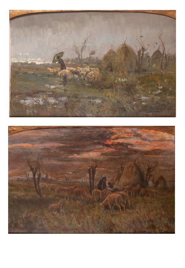 Anacleto Moiraghi - Pair of landscapes with shepherds and cattle