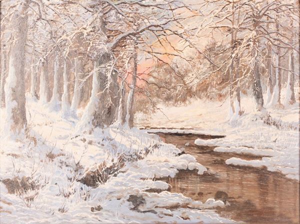 Scuola del nord Europa XX secolo - Snowy landscape with stream