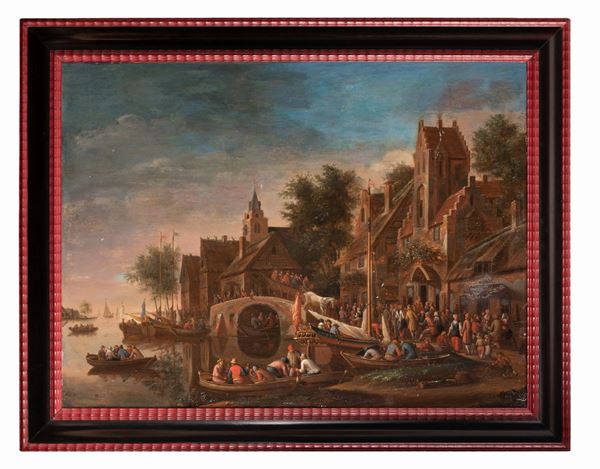Pittore fiammingo del XVIII secolo - Scena di porto fluviale con personaggi