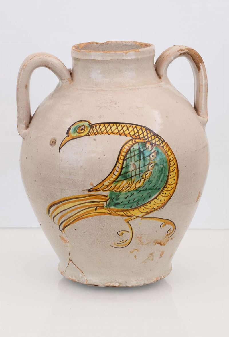 Orcio Biansato in Maiolica con Decoro in Bicromia Verde Ramina ed Arancio con Decoro a Stemma Gen...