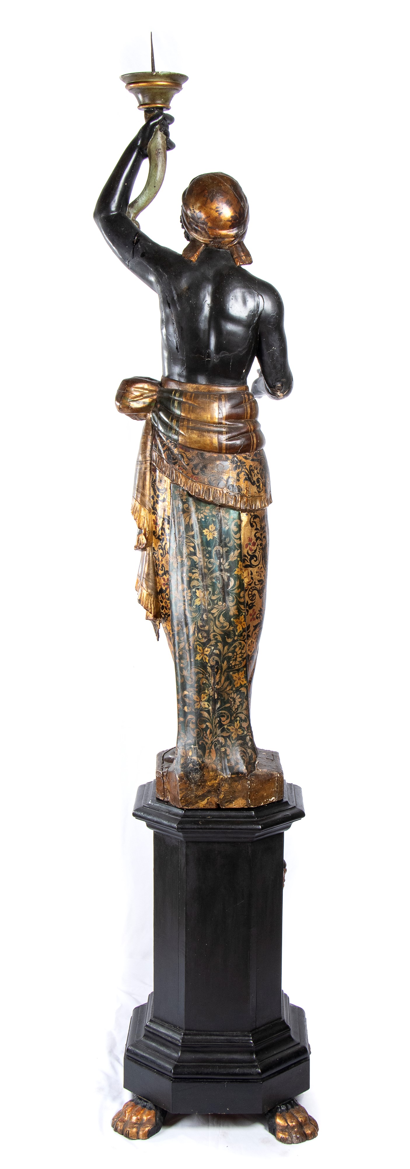 Grande scultura in stile veneziano raffigurante moresca in legno policromo e dorato della fine de...