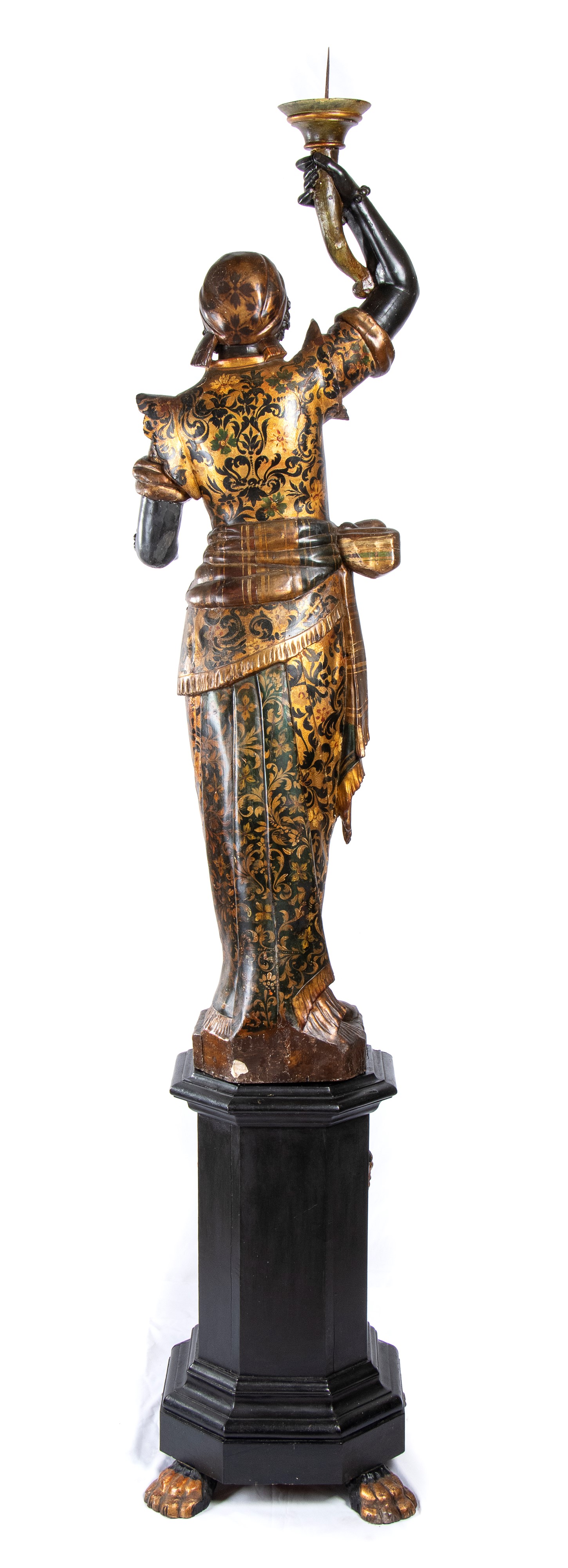 Grande scultura in stile veneziano raffigurante moresca in legno policromo e dorato della fine de...