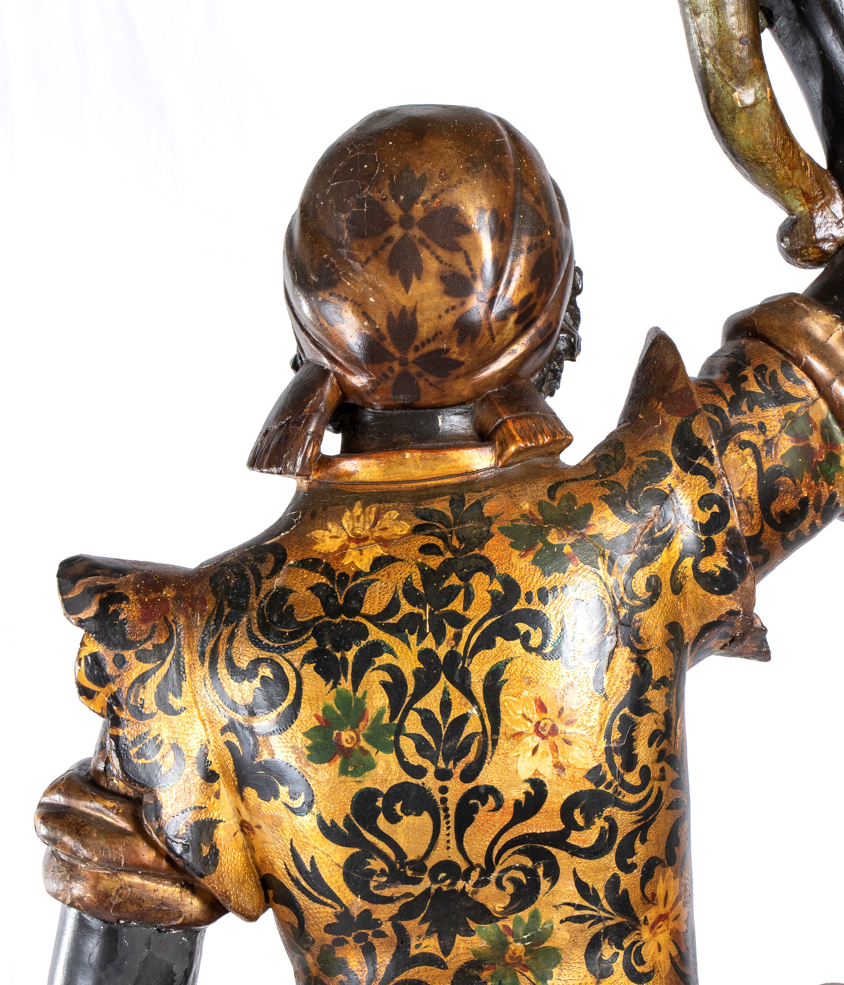 Grande scultura in stile veneziano raffigurante moresca in legno policromo e dorato della fine de...