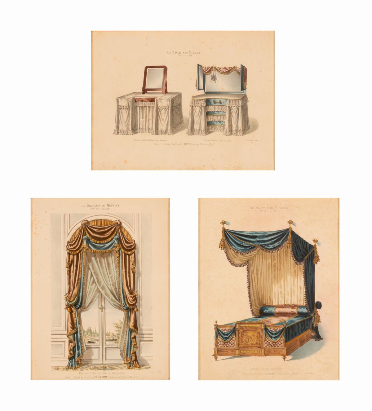 Victor L. Quéntin. Lotto di tre incisioni colorate dal libro delle tende, "Le Magasin De Meubles"...