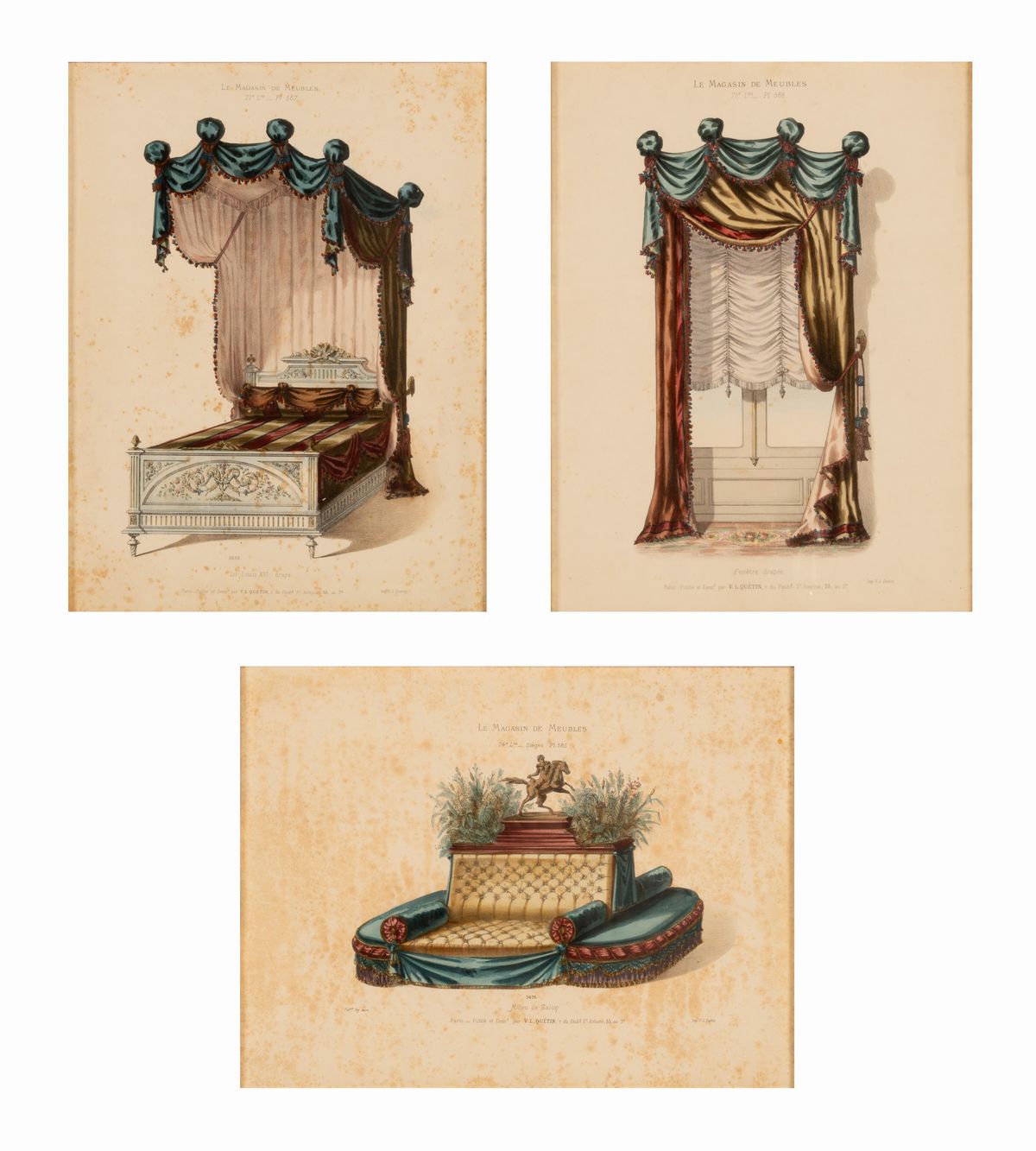 Victor L. Quéntin. Lotto di Tre Incisioni Colorate dal Libro delle Tende, "le Magasin De Meubles"...