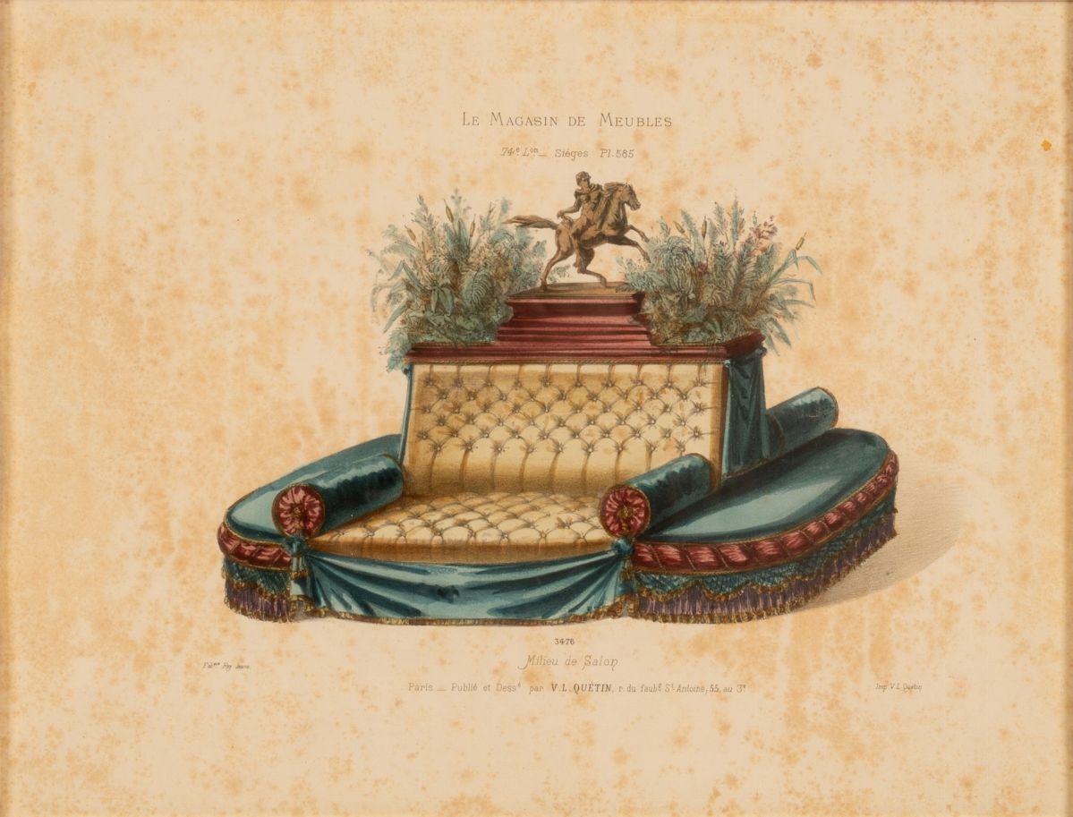 Victor L. Quéntin. Lotto di Tre Incisioni Colorate dal Libro delle Tende, "le Magasin De Meubles"...