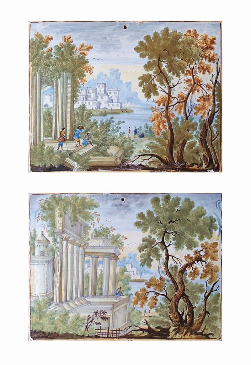 Nicola Cappelletti Attr. - Coppia di Mattonelle Raffiguranti Paesaggi con Ruderi e Figure