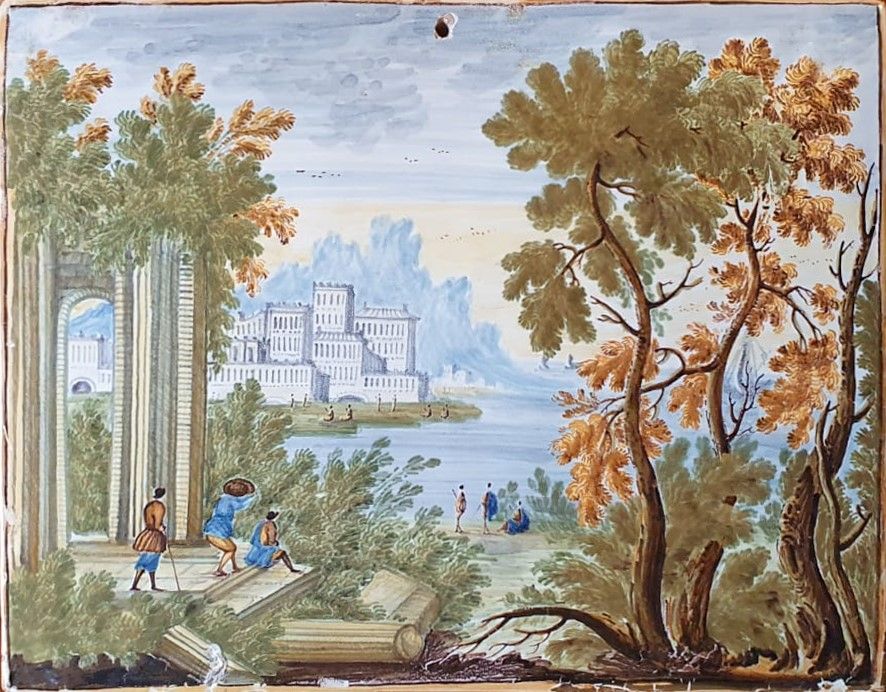Nicola Cappelletti Attr. - Coppia di Mattonelle Raffiguranti Paesaggi con Ruderi e Figure