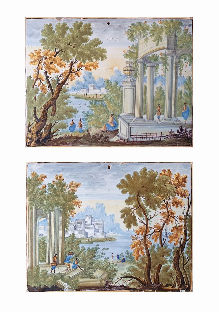 Nicola Cappelletti Attr. - Coppia di Mattonelle Raffiguranti Paesaggi con Ruderi e Figure