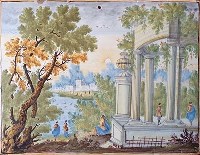 Mattonella Raffigurante Paesaggio con Ruderi e Figure