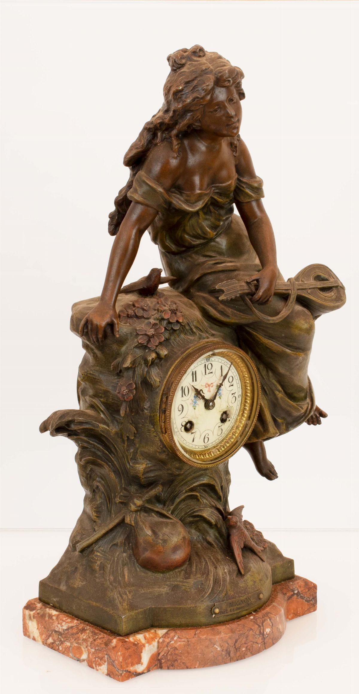 Orologio Francese in Bronzo da Tavolo e Marmo Rosso Rappresentante Allegoria della Musica Manifat...