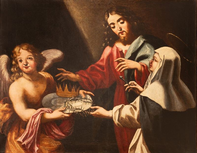 Santa Caterina da Siena riceve da un angelo e alla presenza del Cristo i simboli della sua passio...
