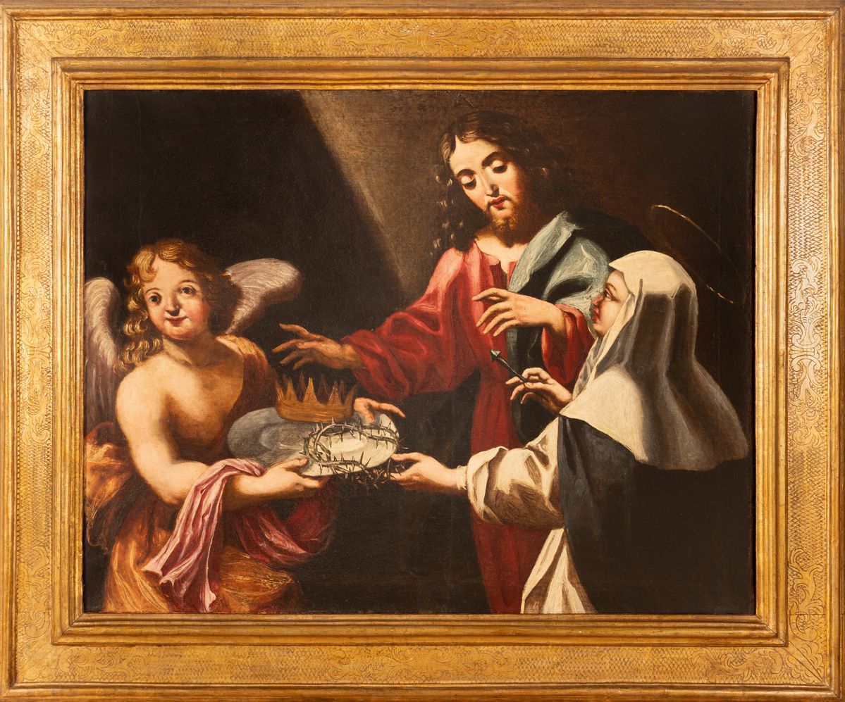 Santa Caterina da Siena riceve da un angelo e alla presenza del Cristo i simboli della sua passio...