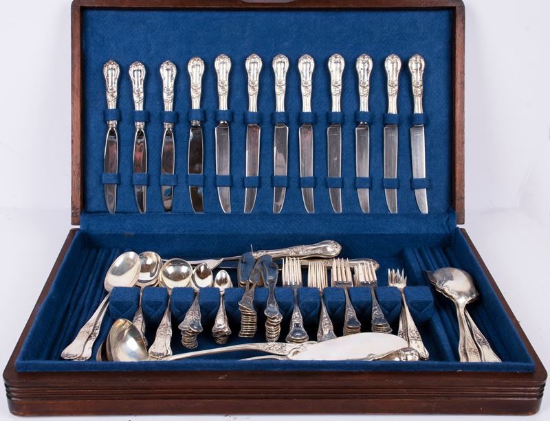 Importante Servizio di Posate da 12 Persone in Argento Sterling 925/000 Pesa Mexico Entro Scatola...