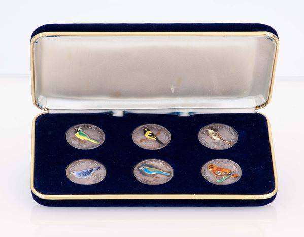 Vassoio 6 monete raffiguranti uccelli