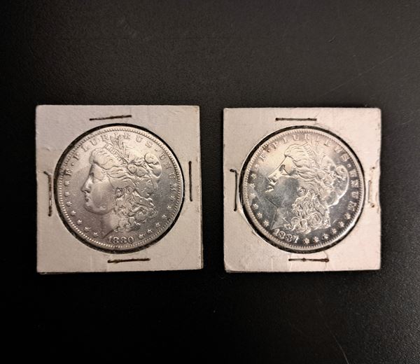 Lotto di due monete in argento Morgan Dollar Stati Uniti da un dollaro