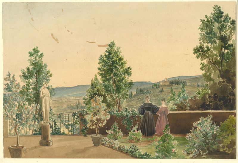 Nobildonne si affacciano da un giardino fiorito