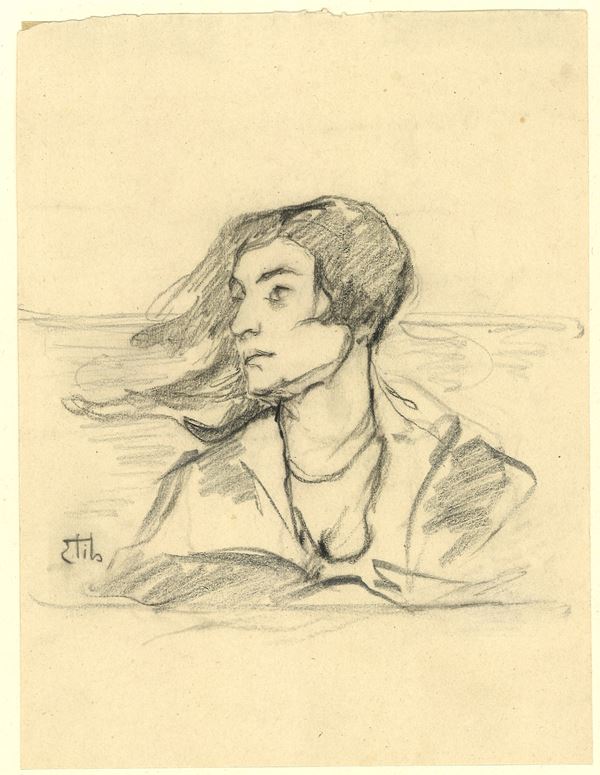 Ettore Tito - Profilo di donna con capelli scompigliati al vento