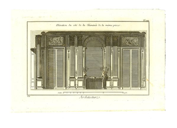 Lotto di tre incisioni dal titolo "Architecture" tratte dall'edizione ginevrina dell' "Encyclopédie, ou Dictionnaire Raisonnè des sciences, des arts, et d métiers, par una societés de glens de lettres" di Diderot e D'Alambert