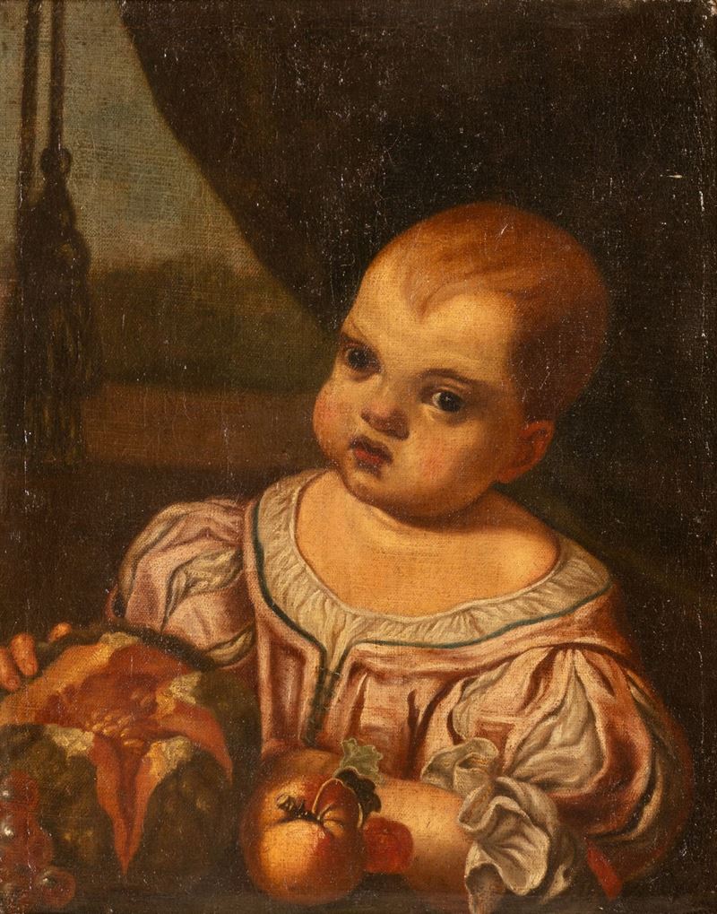 Ritratto di infante con natura morta e scorcio di paesaggio