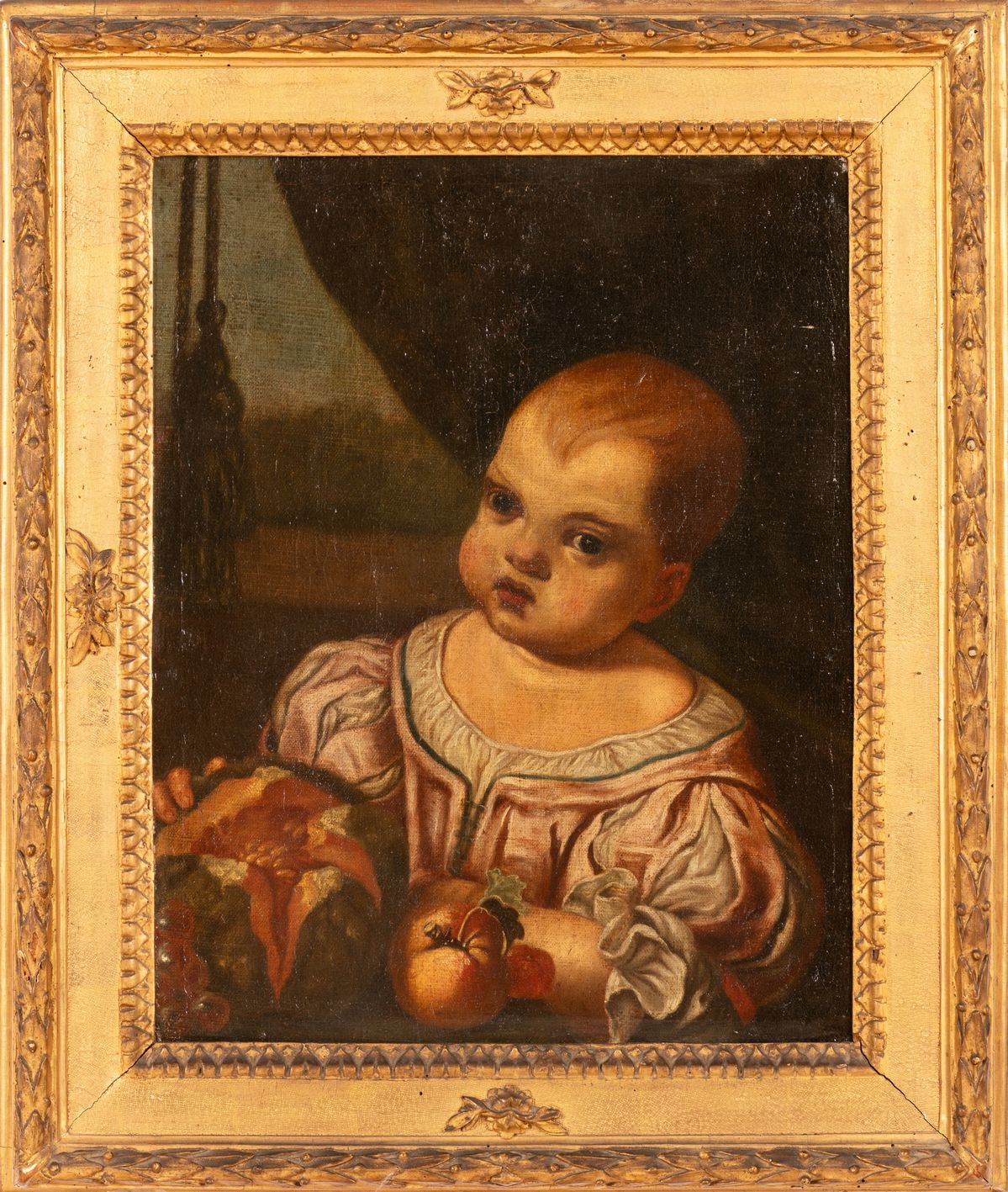 Ritratto di infante con natura morta e scorcio di paesaggio