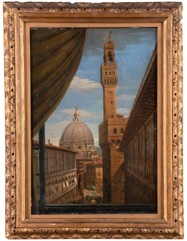 Filippo Canella - Veduta prospettica di Palazzo della Signoria e della cupola del duomo vista dalla tribuna degli Uffizi.