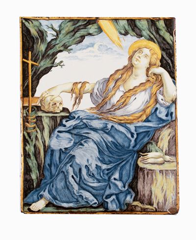 Mattonella Maiolicata Rappresentante Maddalena Penitente, la Cui Iconografia È Ripresa da un Dipi...