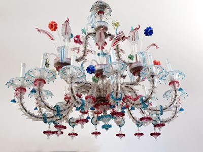 Lampadario di Murano in Vetro Policromo di Forma Ellittica Detta "a Gondola"