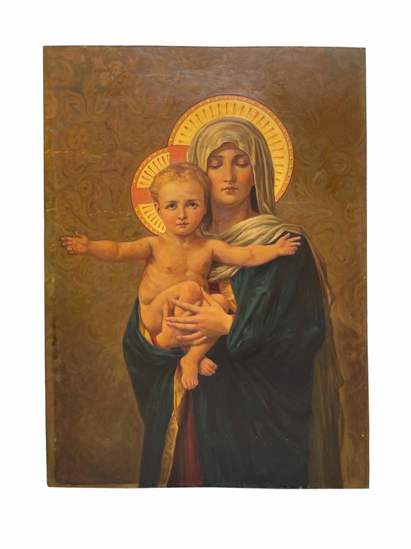 Dipinto ad olio su cartone pressato raffigurante Madonna con Bambino nello stile del Preraffaelliti