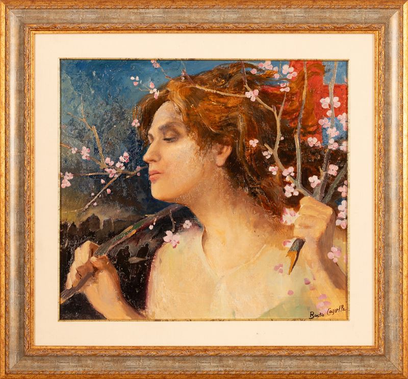 Basilio Cascella - Profilo di Giovane Donna tra Rami di Pesco Fiorito