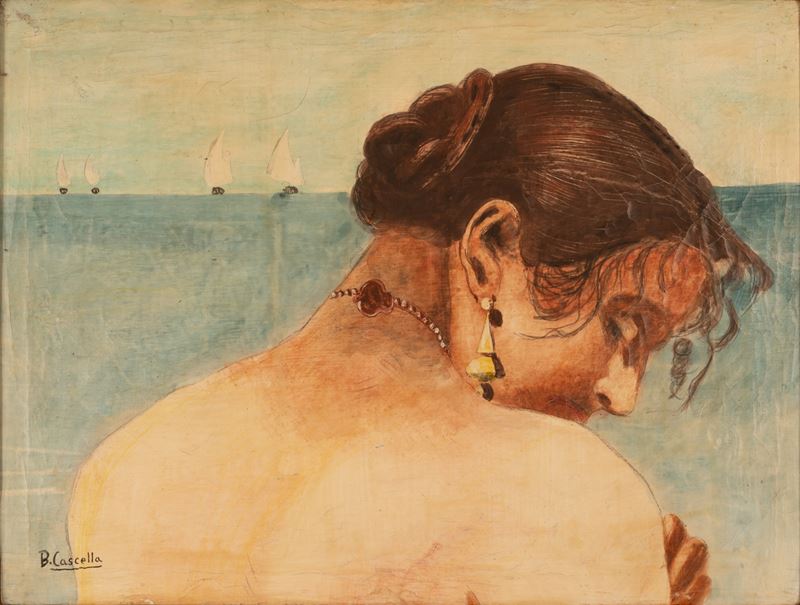 Nudo di giovane donna di spalle con paesaggio marino sullo sfondo
