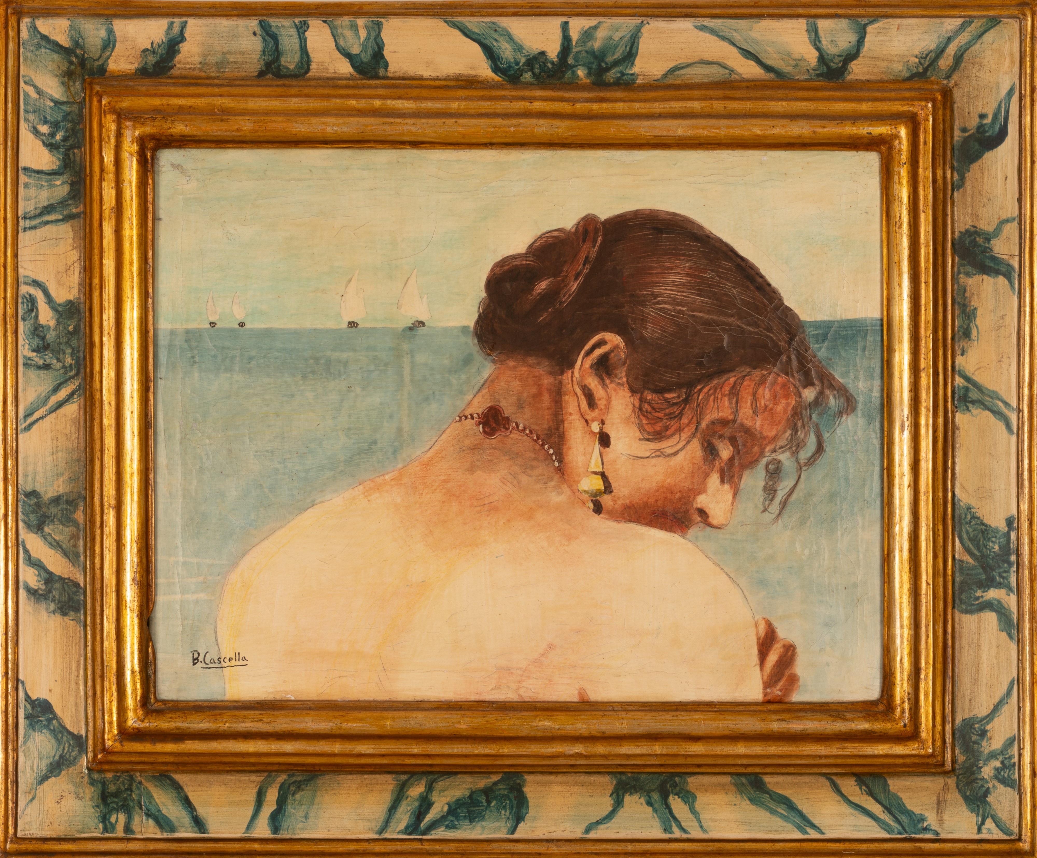 Nudo di giovane donna di spalle con paesaggio marino sullo sfondo