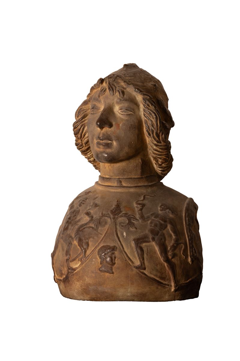 Busto di giovane guerriero in armatura del XIX secolo