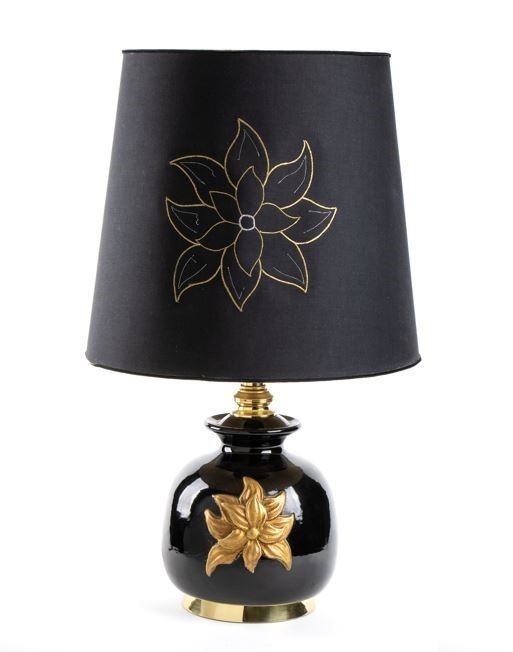 Cenacchi ceramic table lamp, Molinella. Black ceramic body with gold flower to main ornament decorated by hand. Original screen with logo and golden flower. Golden metal structure