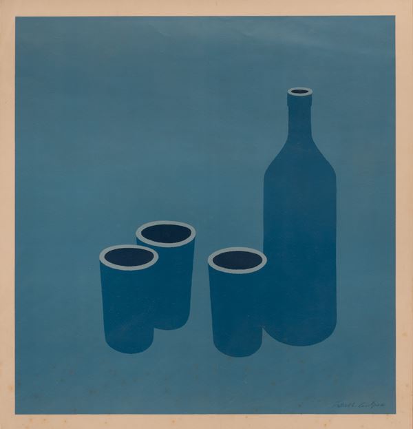 Patrick Joseph Caulfield - Bottle and Cuos. Poster realizzato in occasione della personale dell'artista presso Studio Marconi nel 1966