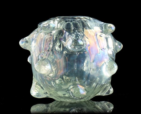 Ercole Barovier - Vaso 'mina' a Mugnoni in vetro trasparente iridato corpo sferico con bocca circolare a filo