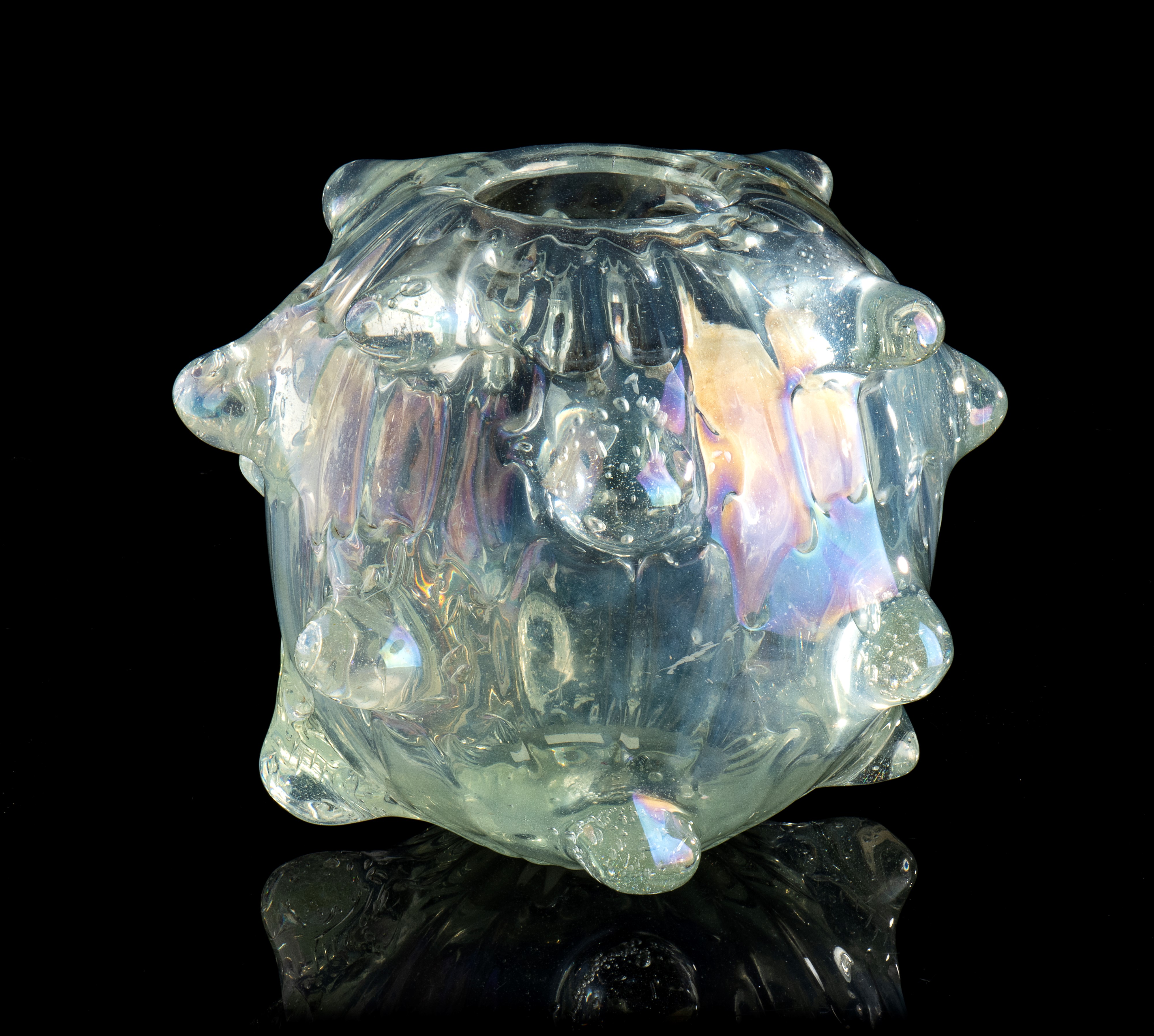 Ercole Barovier - Vaso Mina a Mugnoni in vetro trasparente iridato, corpo sferico
