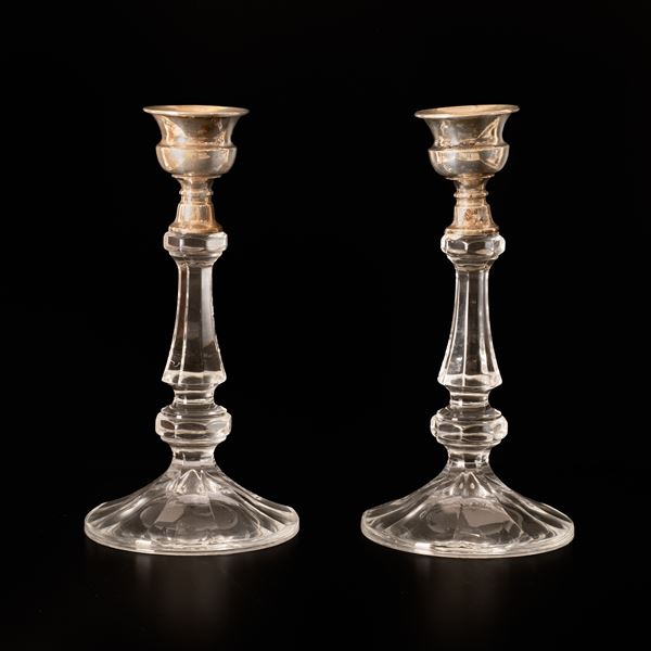 Coppia di candelieri in vetro e argento 800/000. Punzone 772FI  - Auction Asta a Tempo: Argenti, Accendini e Penne - Gliubich Casa d'Aste