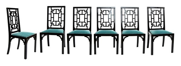 Six chairs in black lacquered wood with seat covered in fabric