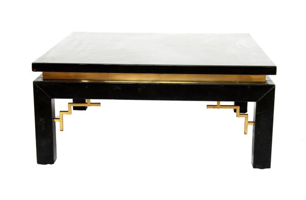 Pair of tables in black lacquered wood with brass inserts 