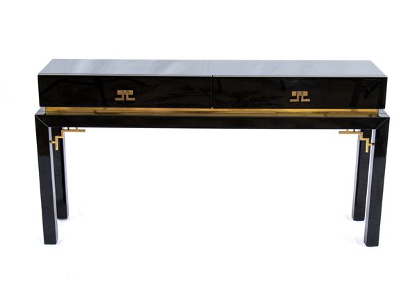 Console in lacquered wood and brass with two drawers at the front