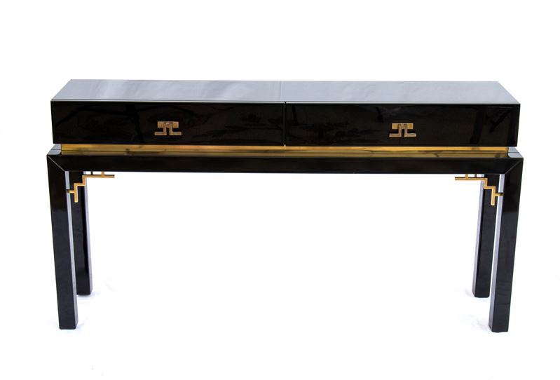Console in legno laccato e ottone con due cassetti al fronte, anni '70
