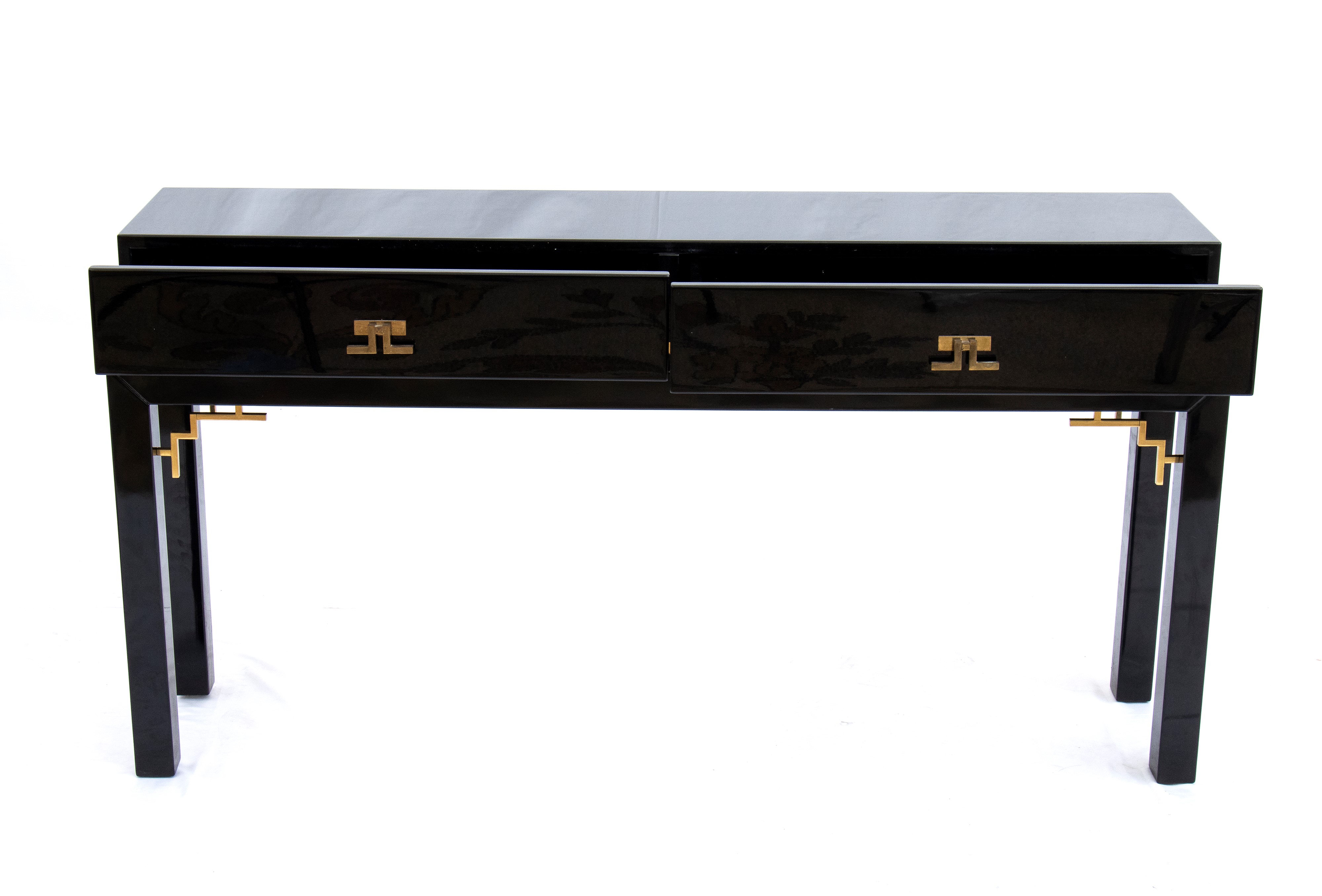 Console in legno laccato e ottone con due cassetti al fronte, anni '70