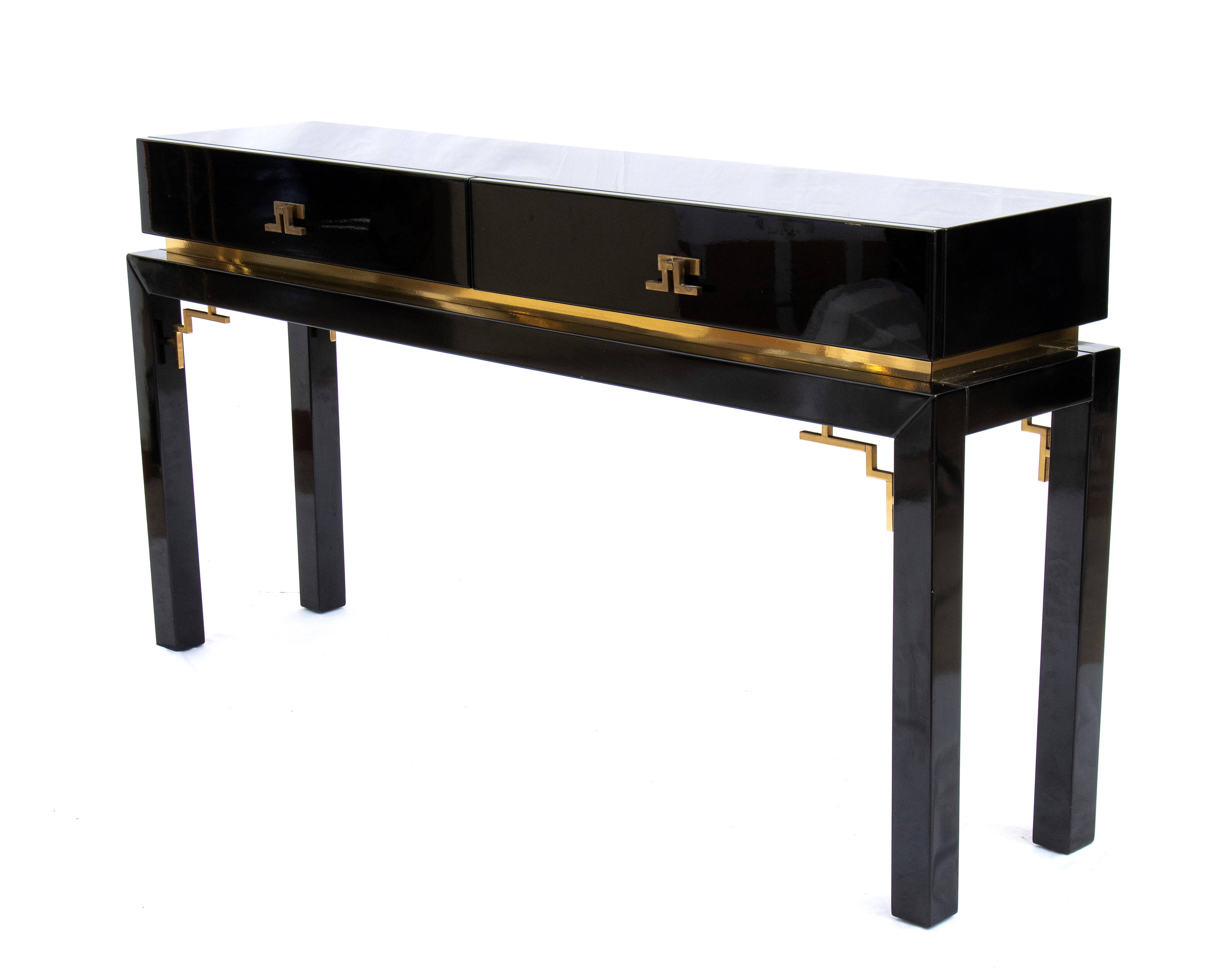 Console in legno laccato e ottone con due cassetti al fronte, anni '70