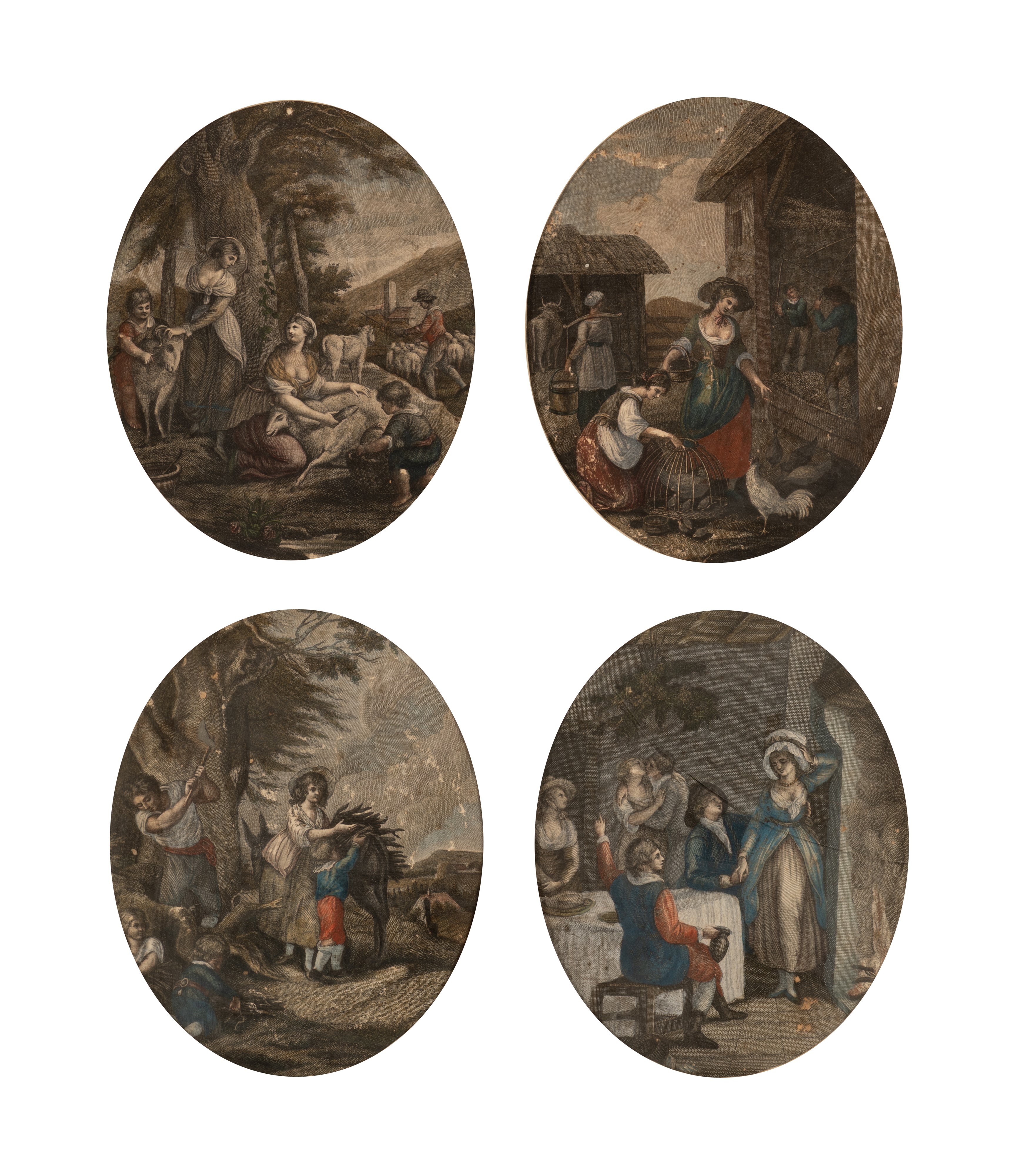 Lotto di due coppie di incisioni ovali in passepartout bianco. Francia, fine del XIX secolo