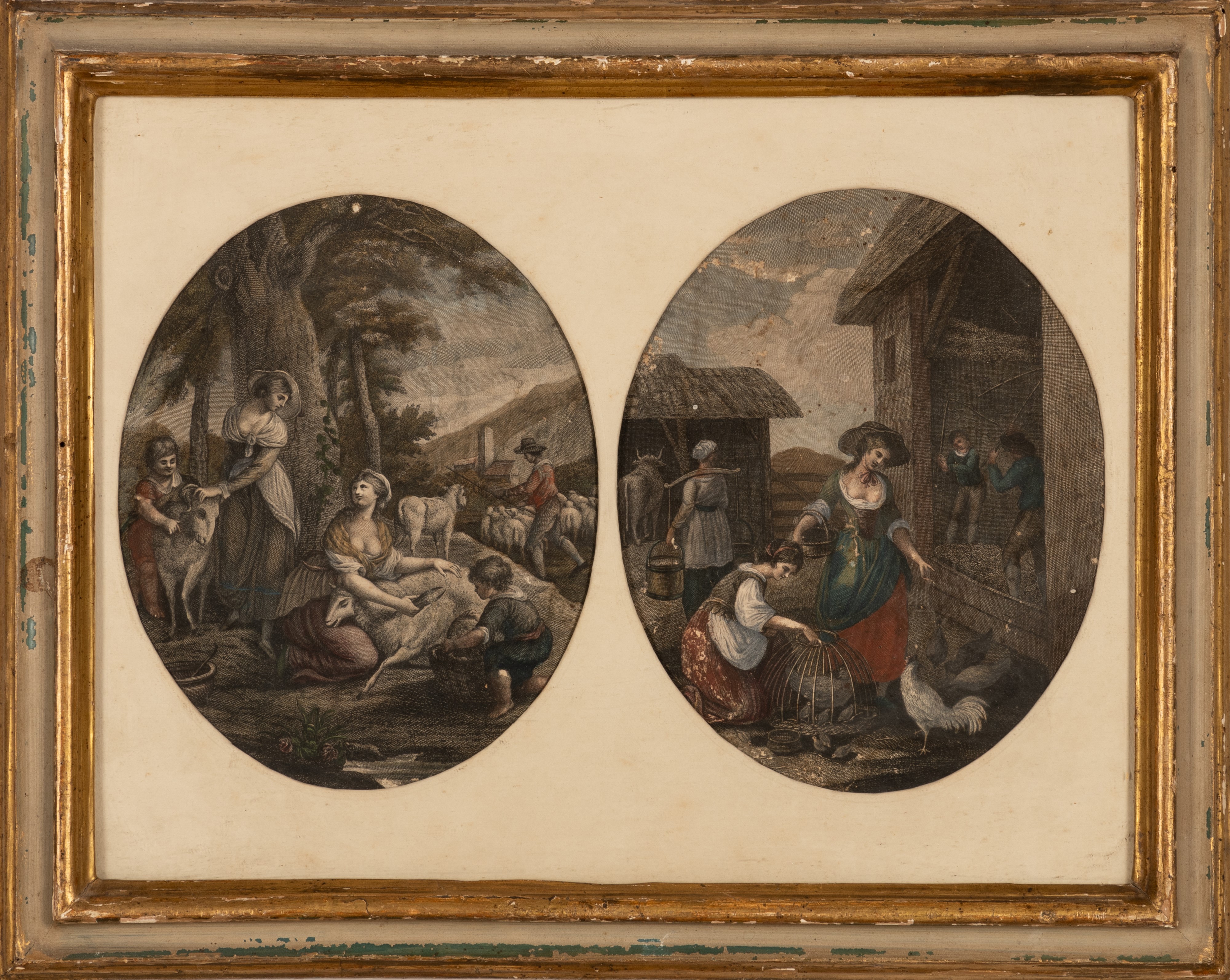 Lotto di due coppie di incisioni ovali in passepartout bianco. Francia, fine del XIX secolo