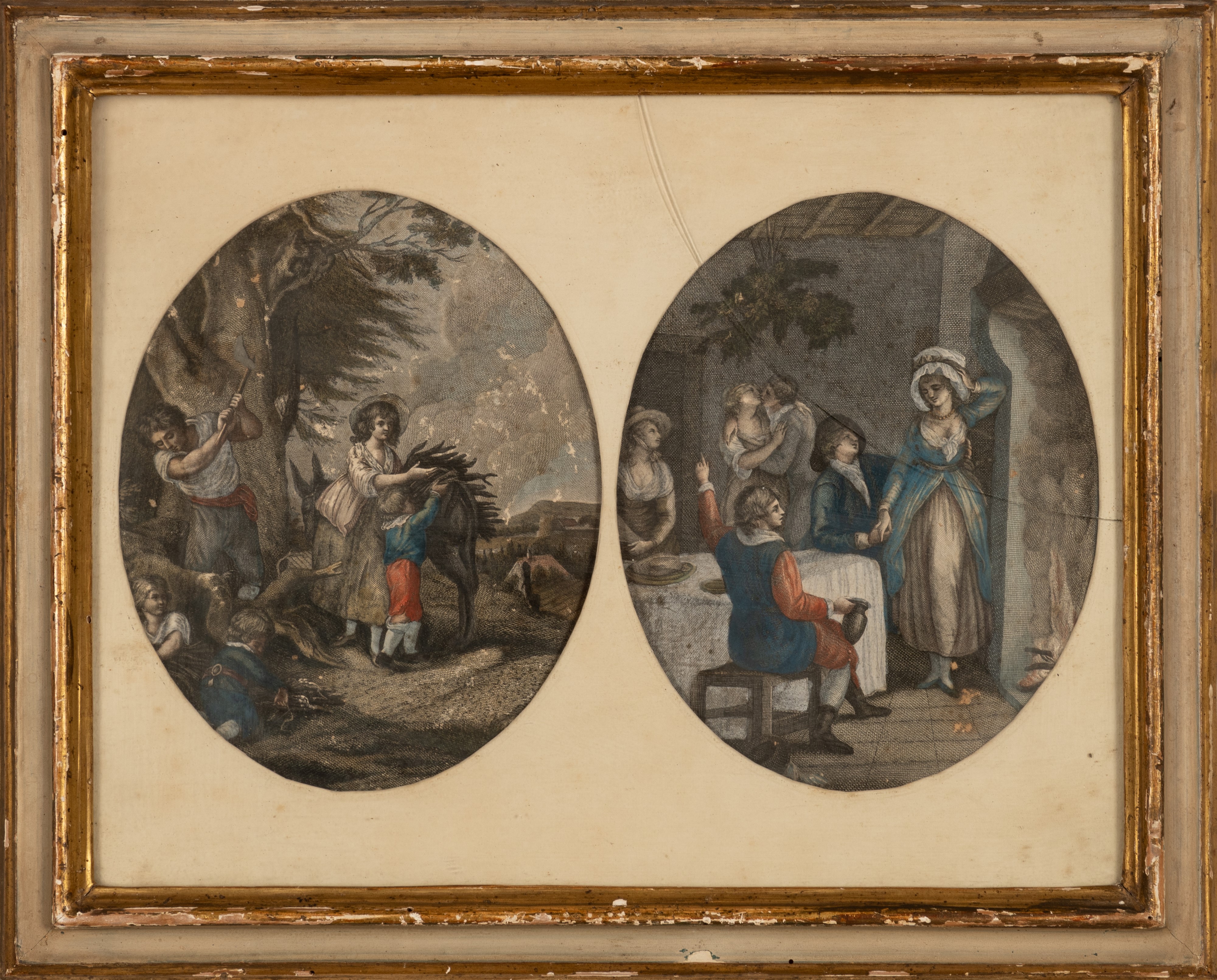Lotto di due coppie di incisioni ovali in passepartout bianco. Francia, fine del XIX secolo
