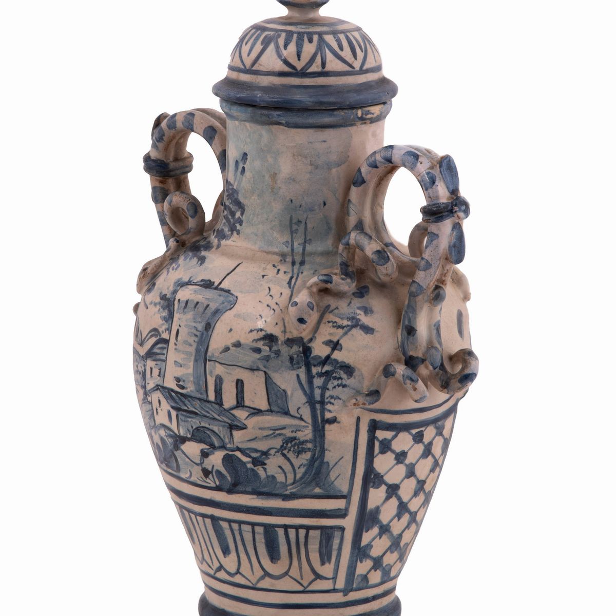 Coppia di Vasi Savona con Coperchio in Ceramica Bianca e Blu