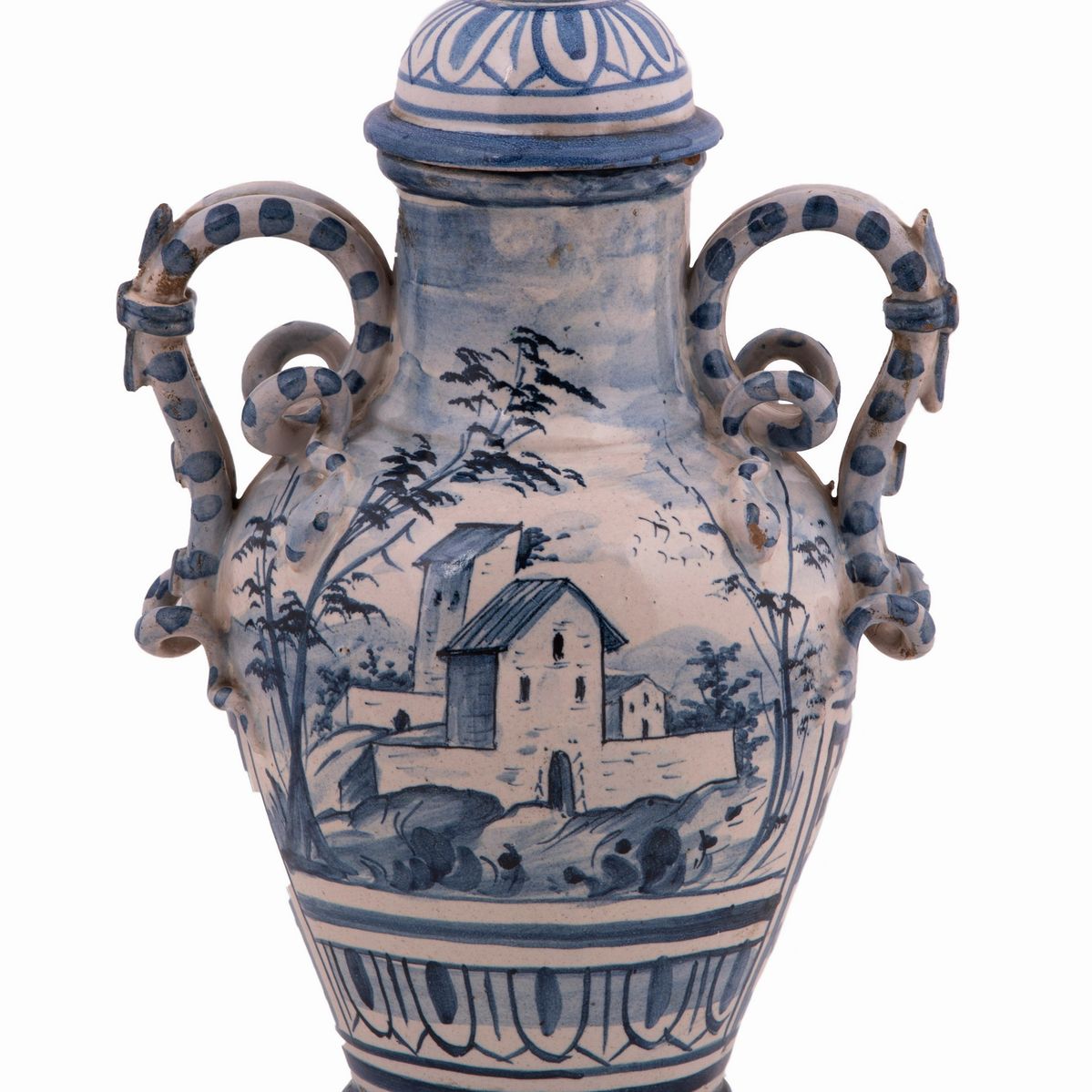 Coppia di Vasi Savona con Coperchio in Ceramica Bianca e Blu