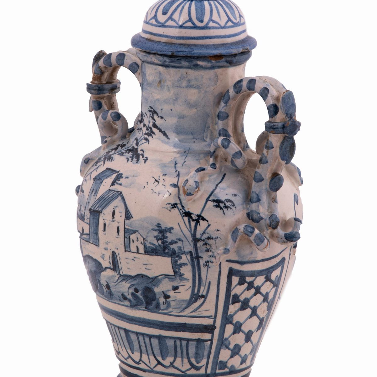 Coppia di Vasi Savona con Coperchio in Ceramica Bianca e Blu